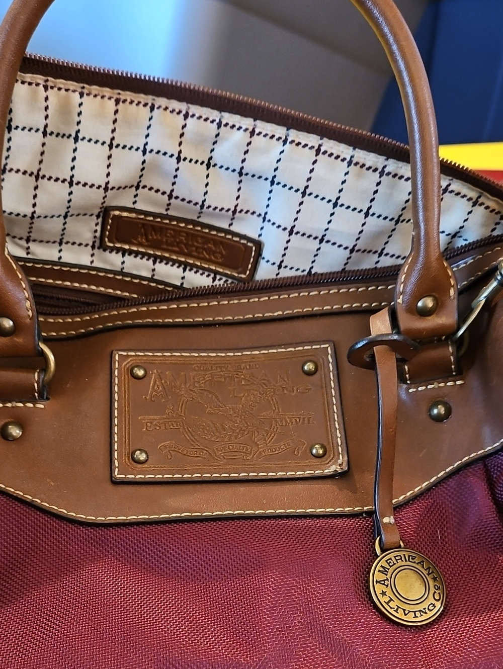 American Living Burgundy Tote with Brown Leather Trim V30